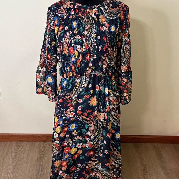 Elegant Floral Print Maxi Dress Bell Sleeve Smocked Bodice Prairie Bump friendly - Picture 3 of 8